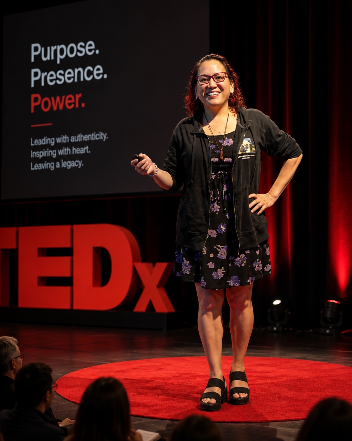 Lorie Wu speaking on a TEDx stage