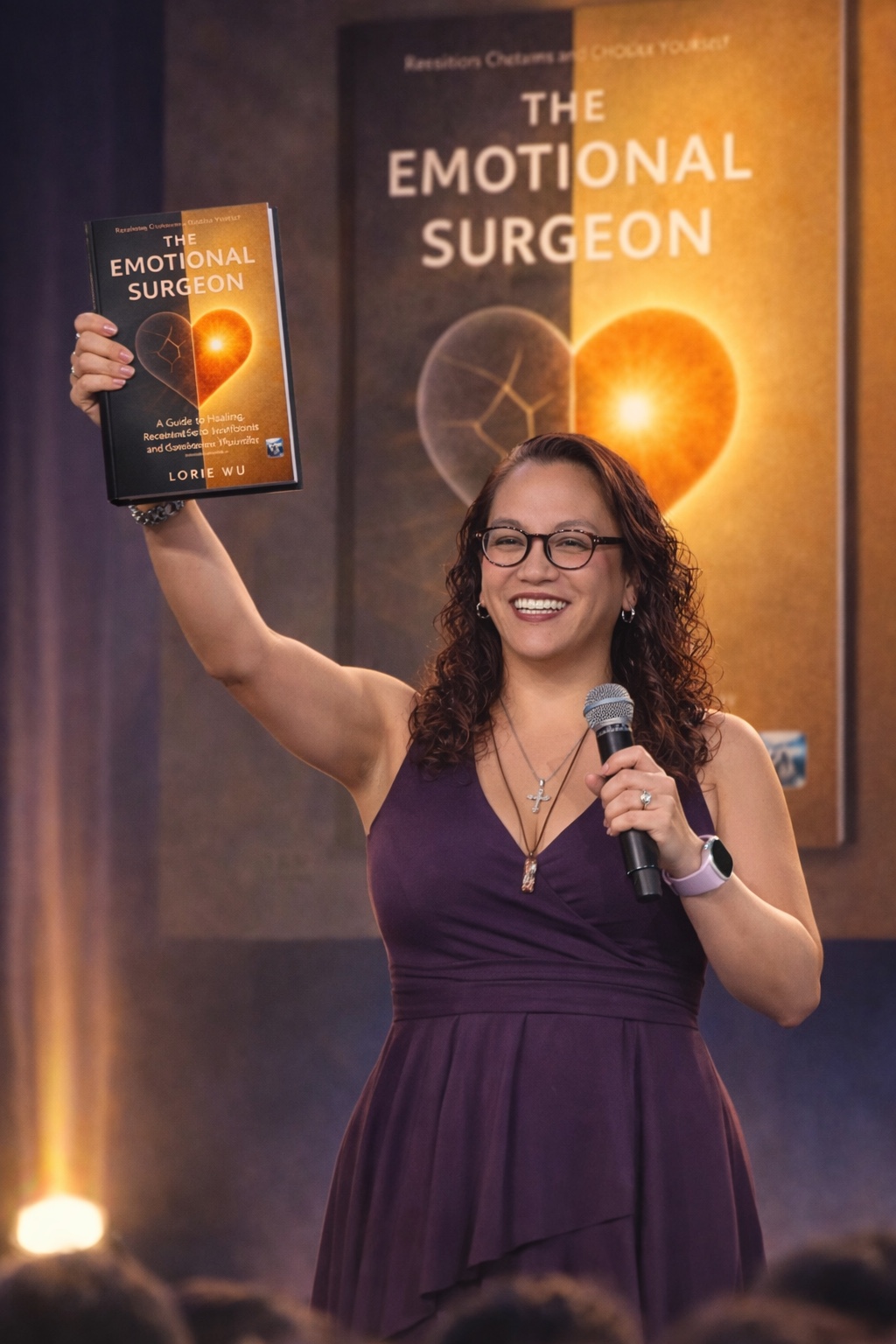 Lorie Wu holding The Emotional Surgeon™ on stage