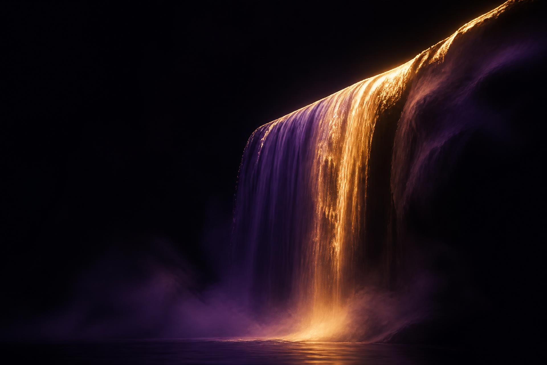 A luminous waterfall of gold and violet light falling through darkness